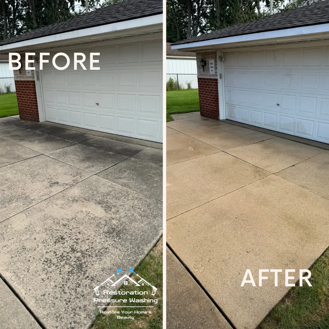 Concrete driveway cleaning before and after