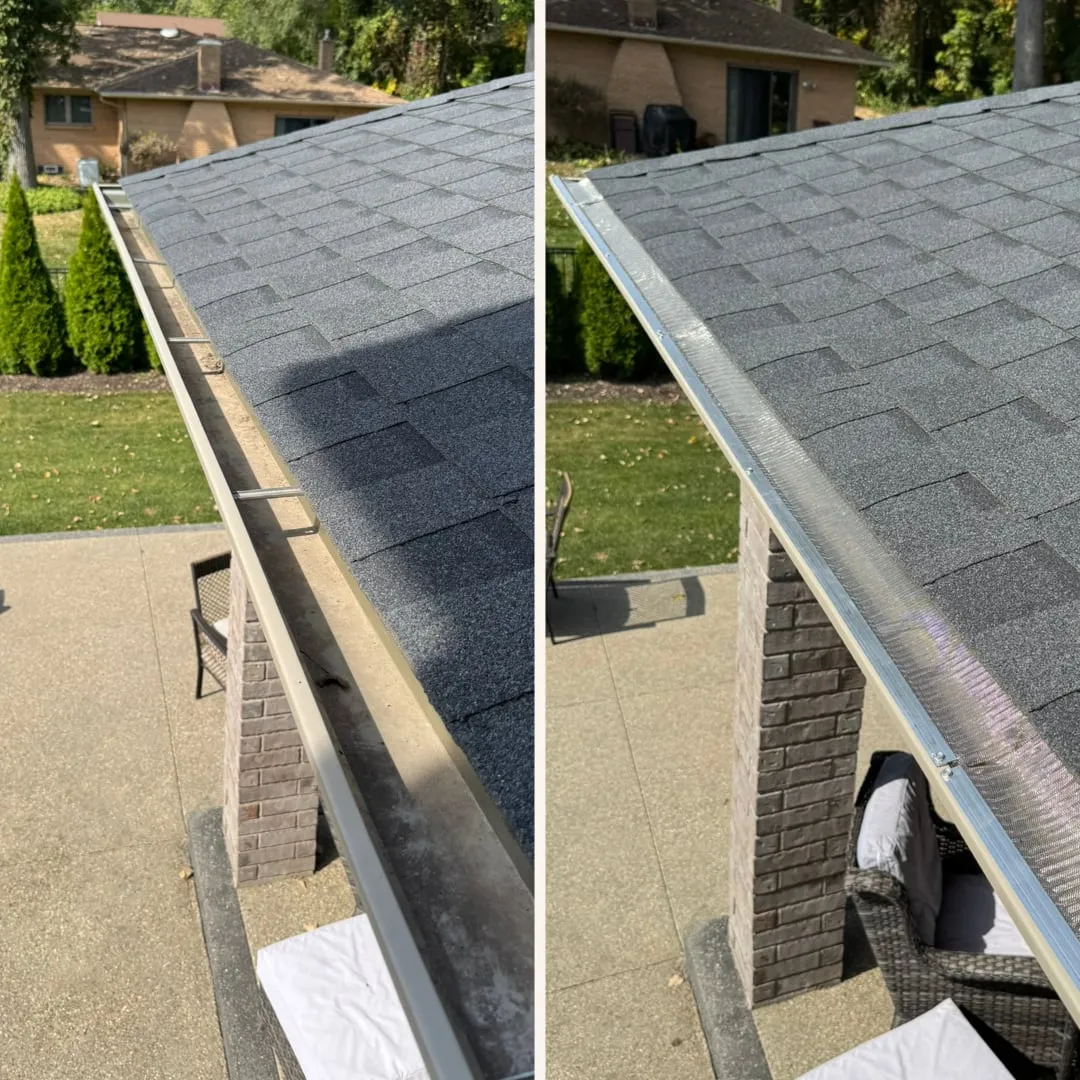 Gutter guards before and after — leaves out, water flowing