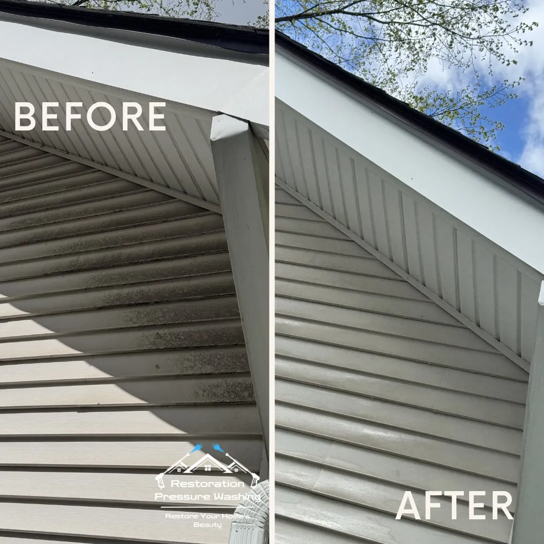 Before and after: eaves and siding restored with a gentle soft wash
