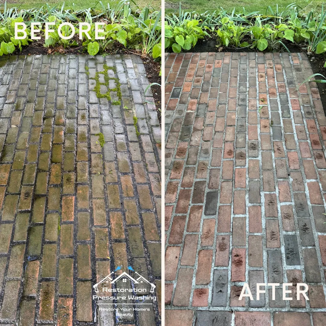 Brick paver walkway before and after cleaning — moss and grime removed