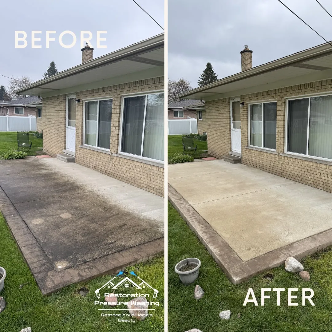 Backyard concrete patio before and after pressure washing
