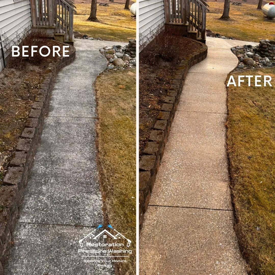 Concrete walkway and planter edging before and after pressure washing